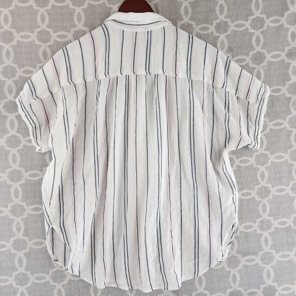 aerie White Button-Front Short Sleeve Striped Blouse - Picture 2 of 10